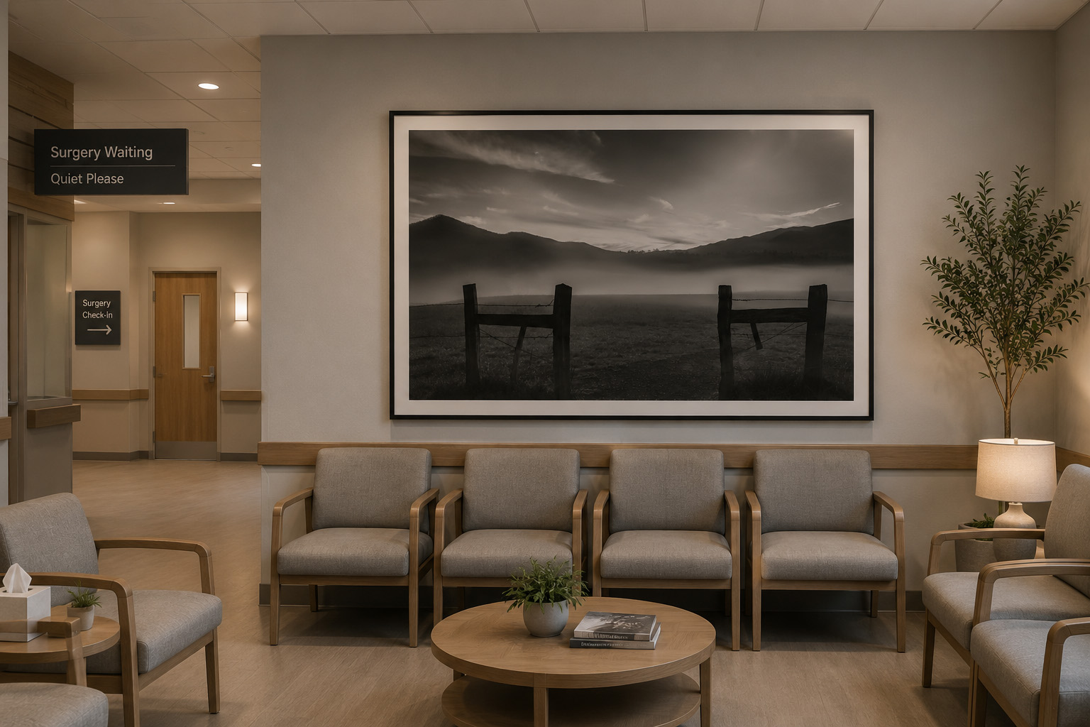 Surgery waiting area with black and white quiet landscape artwork by Dan Sproul